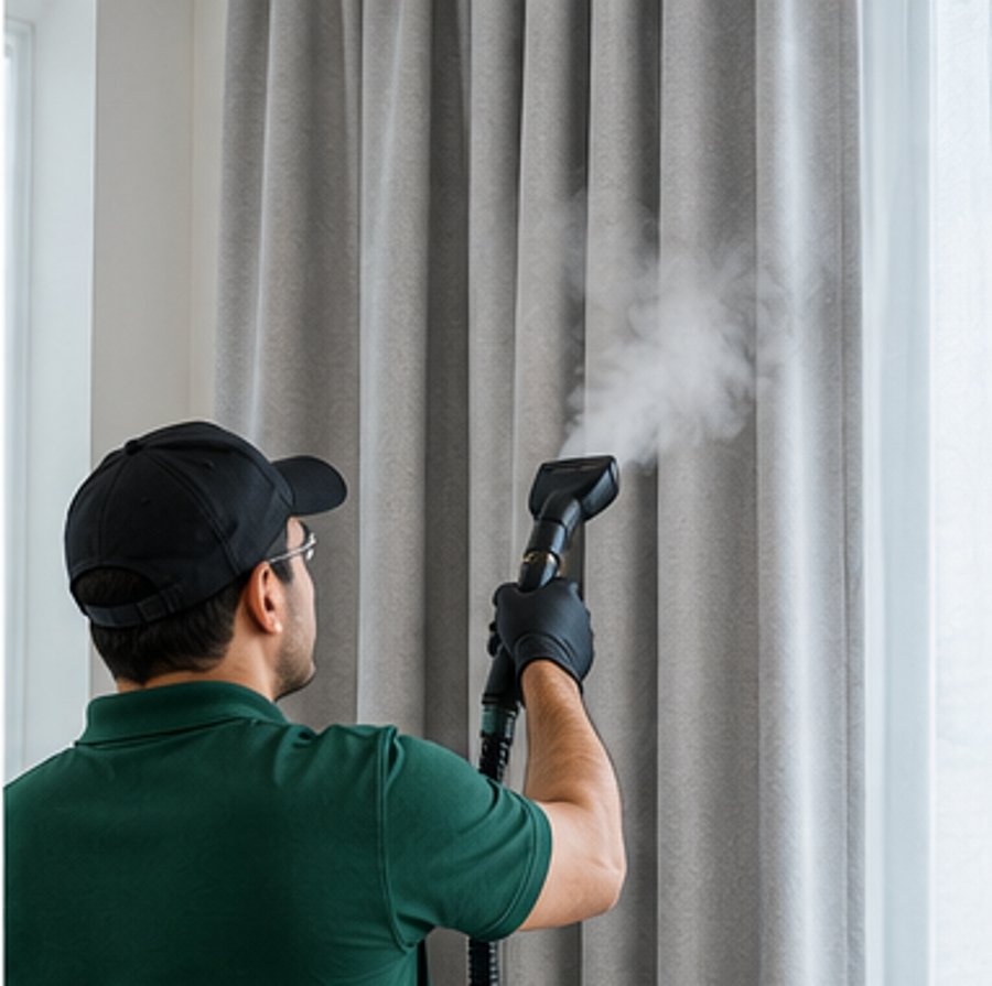 Technician steam-cleaning curtains in Dubai