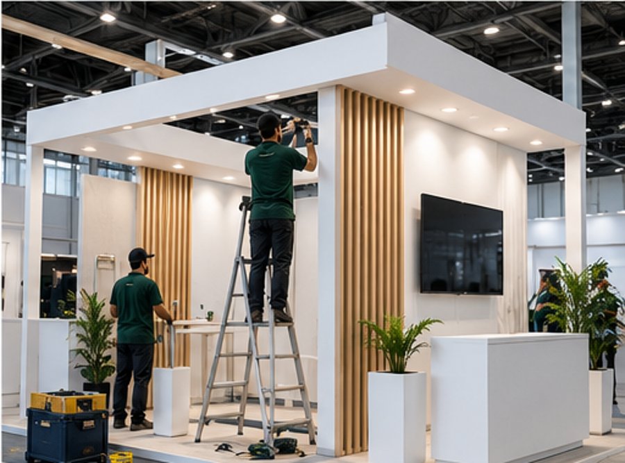Workers constructing an exhibition kiosk in Dubai