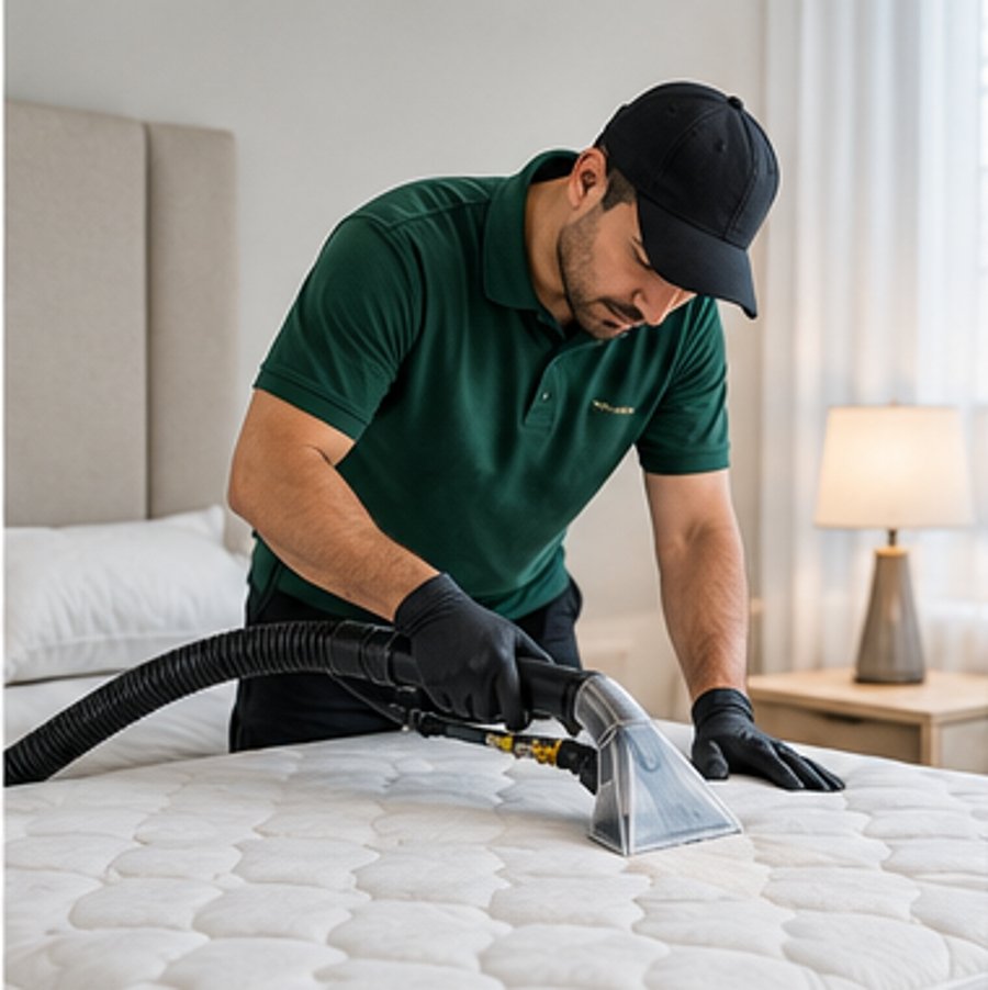 Technician deep-cleaning a mattress with steam equipment in Dubai