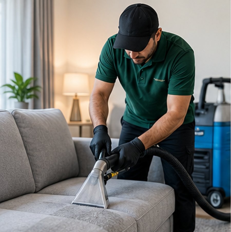 Technician steam-cleaning a fabric sofa in Dubai